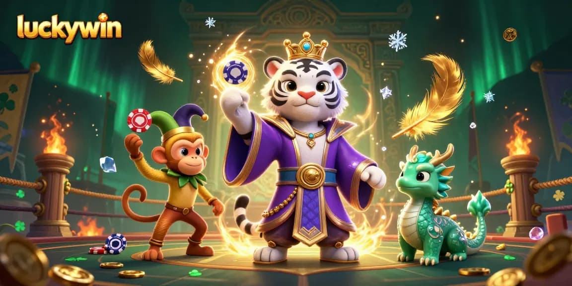 Engage with the exciting world of luckywin as a cartoon tiger and monkey play among dynamic casino elements.