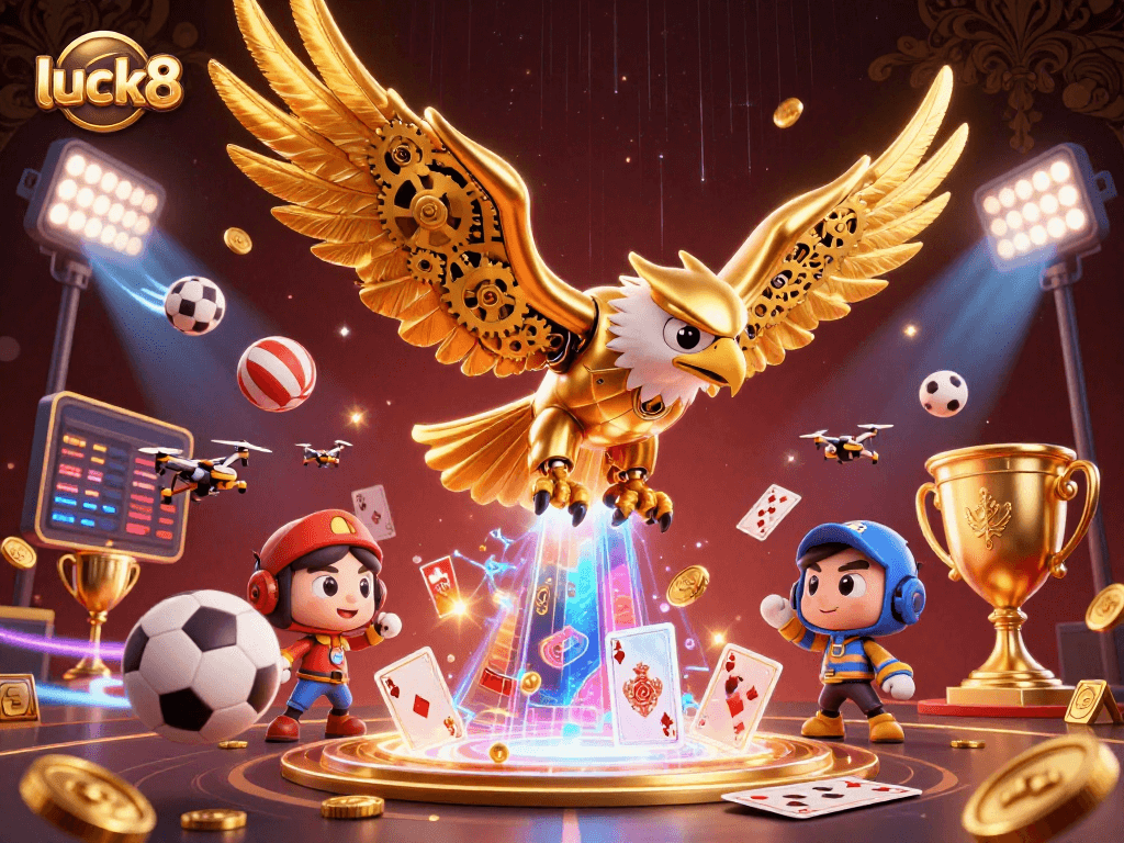 Experience the thrilling dive of the luck8 golden eagle amid holographic cards and dynamic sports elements.
