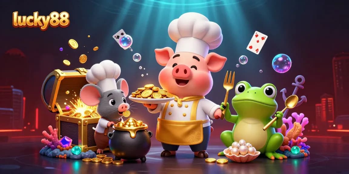 Experience the excitement at lucky88 as the chef pig serves golden treasures in this vibrant 3D casino artwork.
