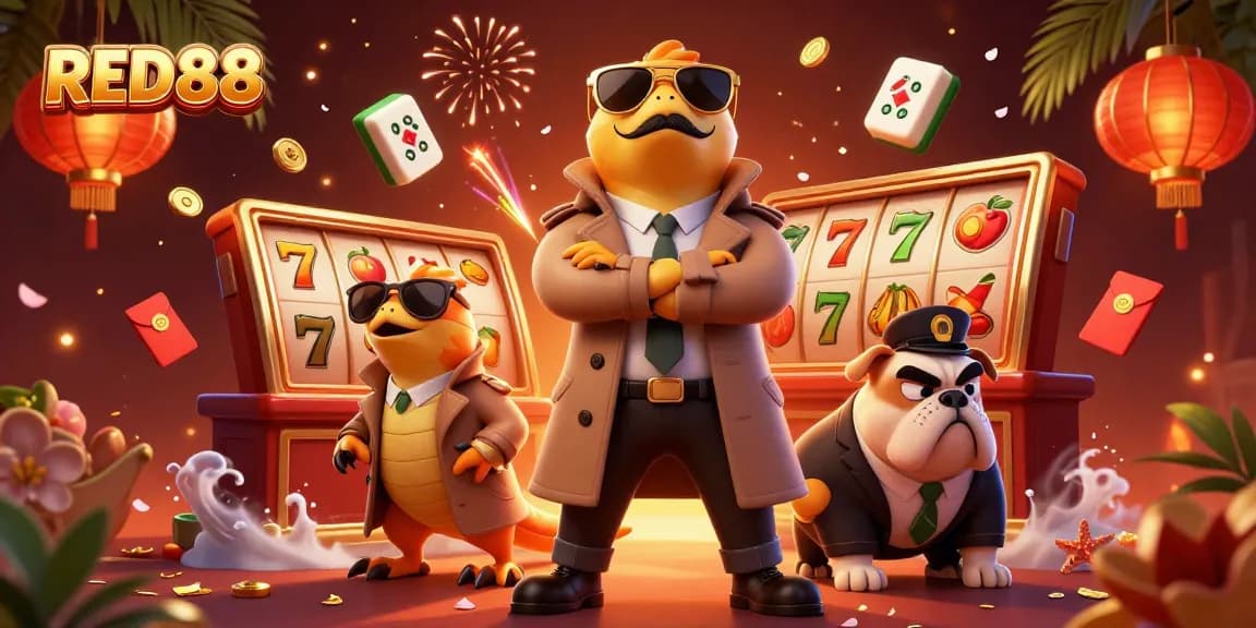 Experience the thrilling offerings of RED88 with vibrant slot reels and fun characters in a bustling casino scene.