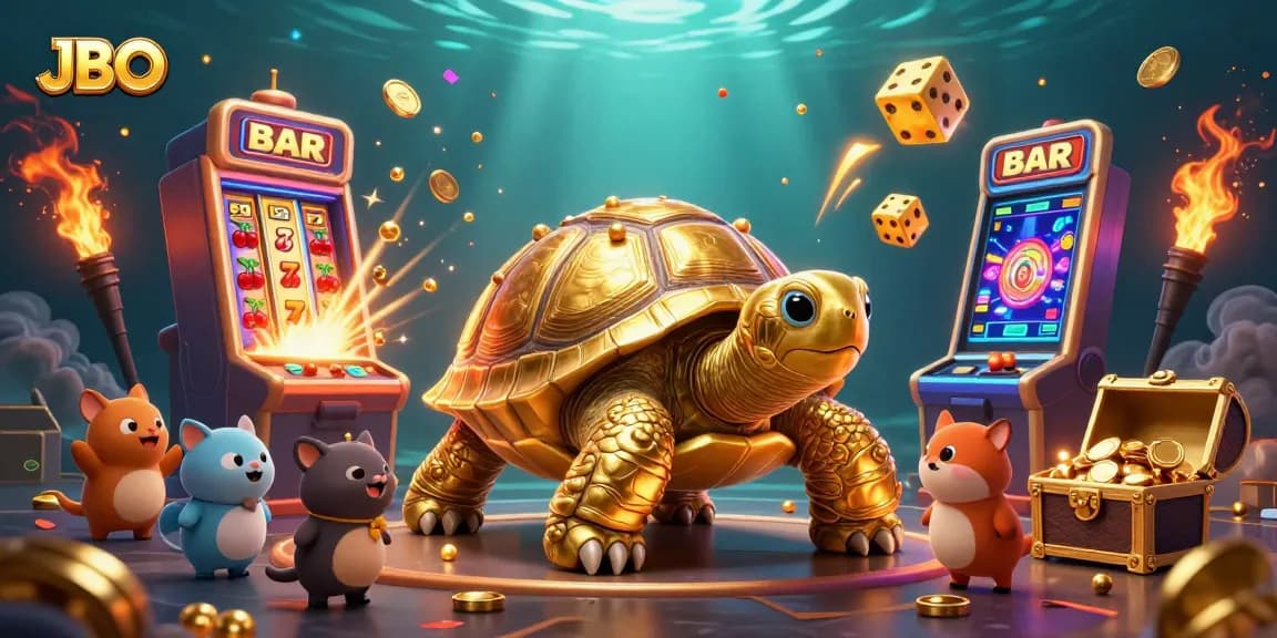 Experience thrilling gameplay at JBO with a lively illustration of a golden tortoise and exciting casino scenes.