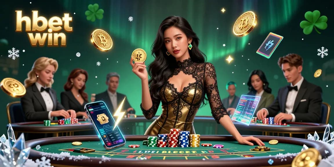 Engaging at baccarat, a confident woman showcases hbet win with high-value chips in an exciting casino atmosphere.