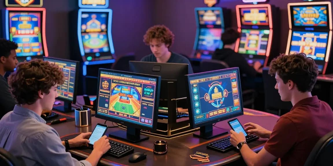 Players enjoying online games at casinos that accept credit cards, surrounded by vibrant digital themes and dynamic gaming elements.