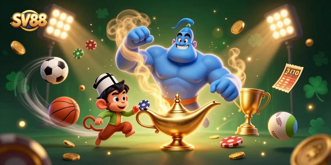 SV88 features a genie and monkey in a vibrant casino scene filled with sports balls and poker chips.