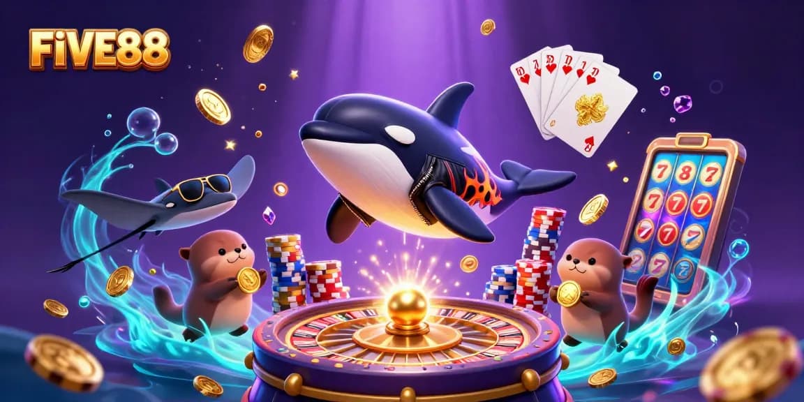 FIVE88 casino scene with orca whale, stingray, and sea otters celebrating big wins.