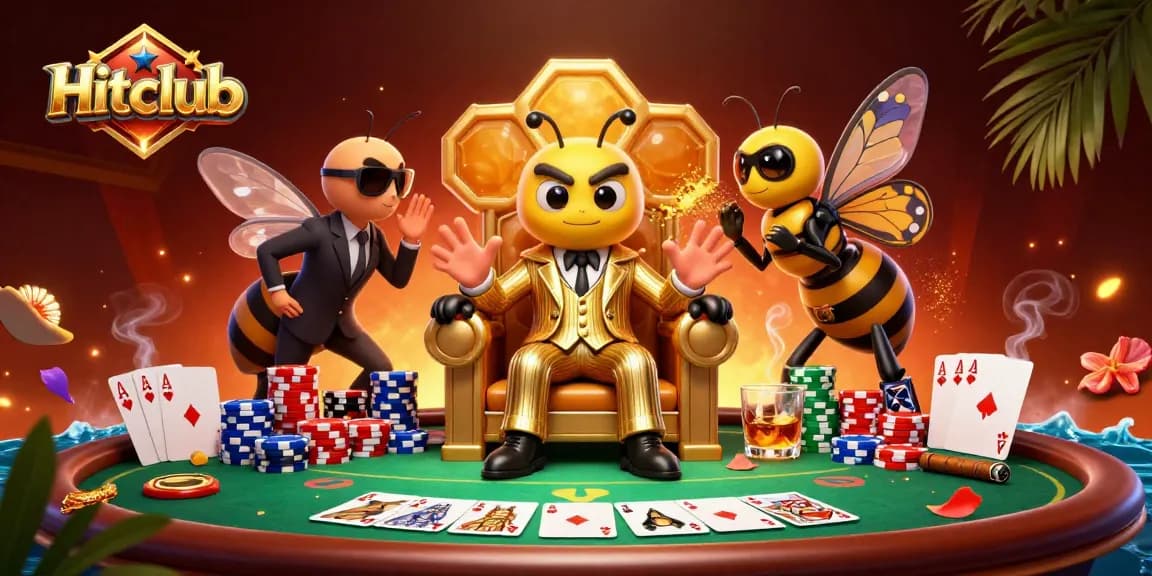 Hitclub players enjoy high-stakes poker games surrounded by vibrant casino elements and buzzing atmosphere.