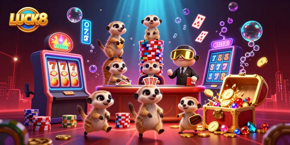 LUCK8 casino scene showcasing meerkats engaging in thrilling games with vibrant slot reels and animated elements.