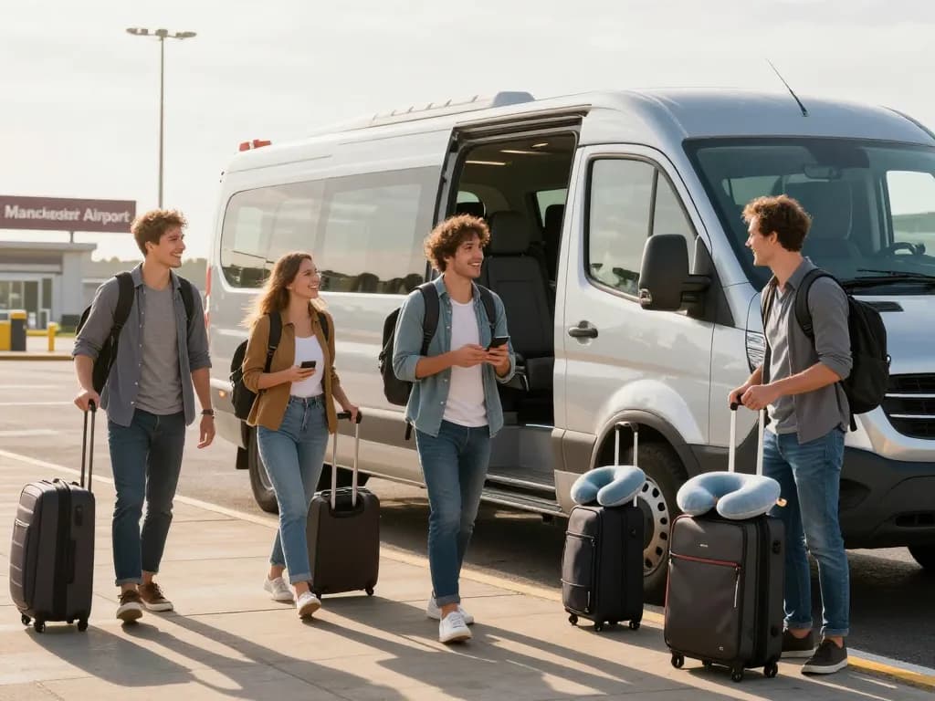 Group of travelers loading luggage onto a minibus to Manchester Airport, showcasing excitement for their journey.