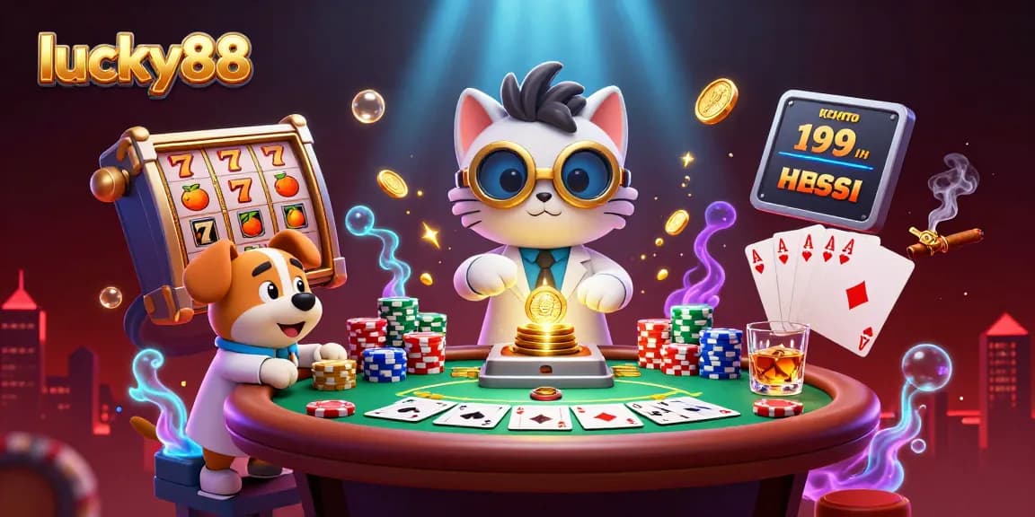 Experience thrilling lucky88 slots with a cartoon cat and dog in a dynamic casino scene.