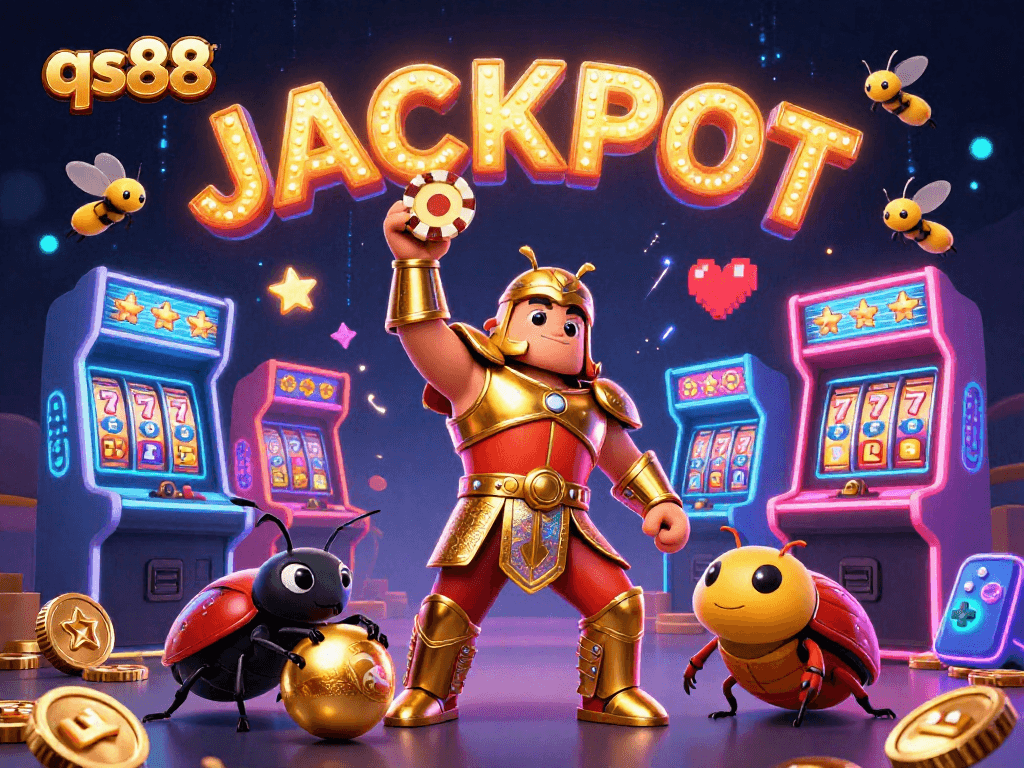 Experience the excitement with qs88 as cartoon beetles celebrate a casino jackpot amidst vibrant game elements.