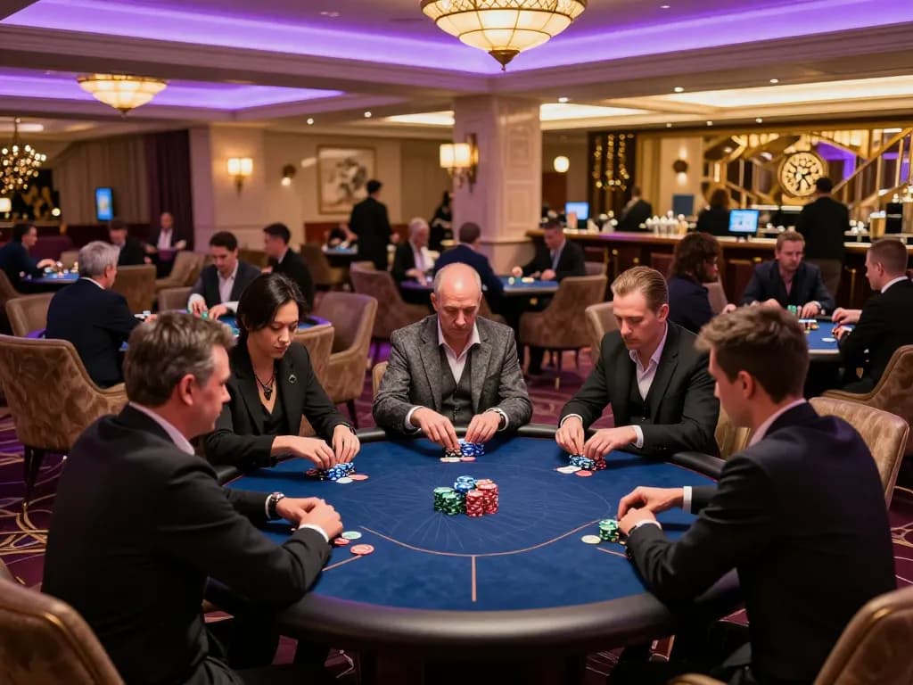 Players enjoying intense poker gameplay at lucky88s casino, showcasing vibrant atmosphere and strategic action