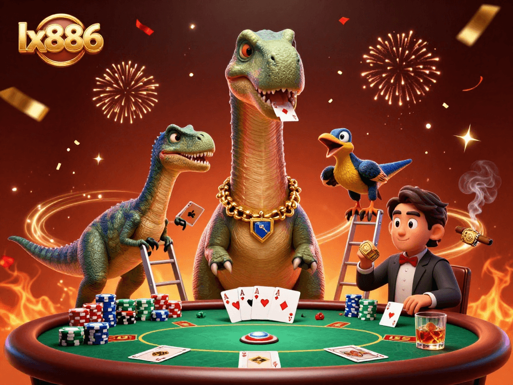 Play poker with lx886 under the watchful eye of a giant dinosaur, surrounded by colorful chips and confetti.