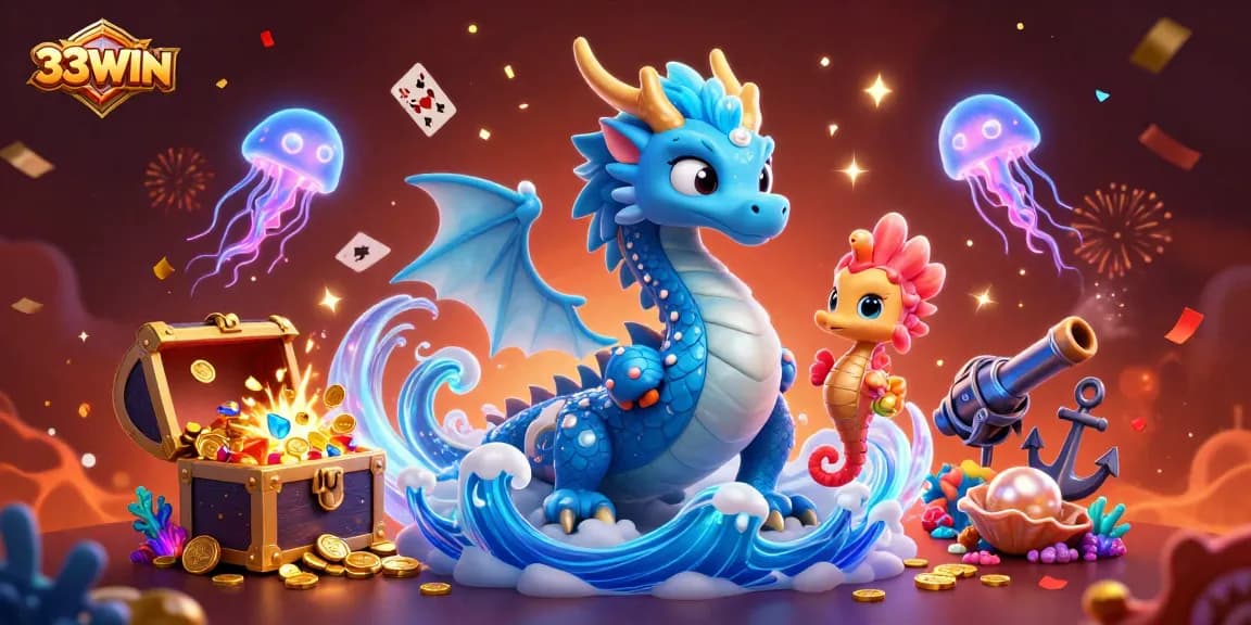 Engage with 33WIN's vibrant underwater casino scene featuring a dragon and seahorse amidst treasures and games.