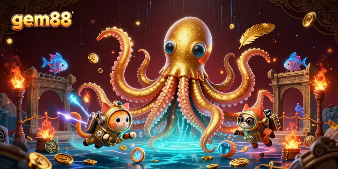 Experience thrilling adventures at gem88 with a colossal kraken and diving cat in a vibrant casino scene.