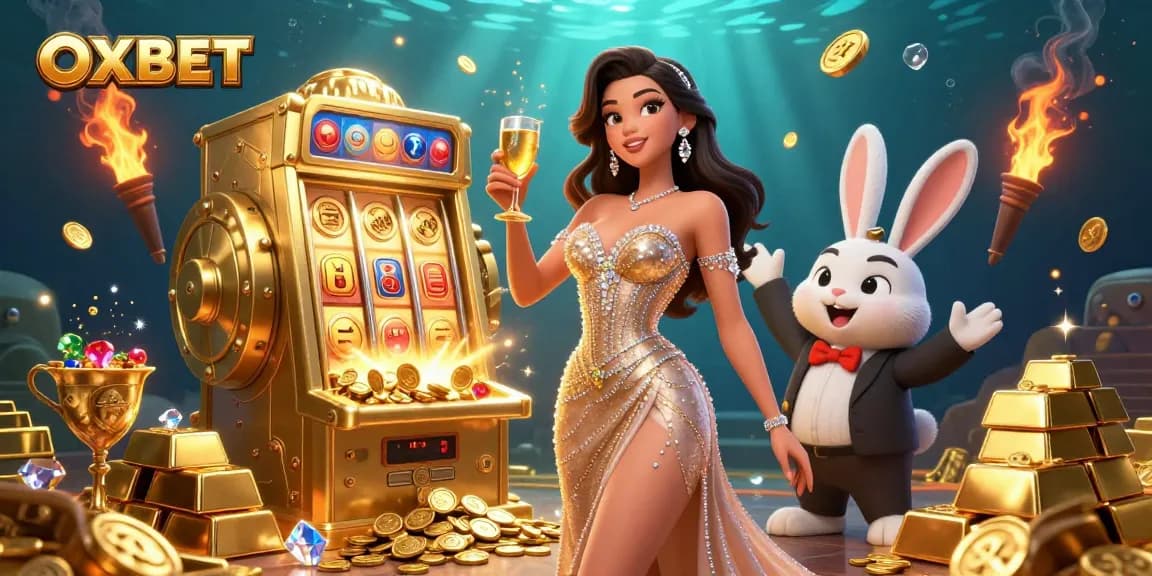 Experience the excitement of OXBET with a stunning casino scene featuring a gold slot machine, sparkling gems, and festive characters.