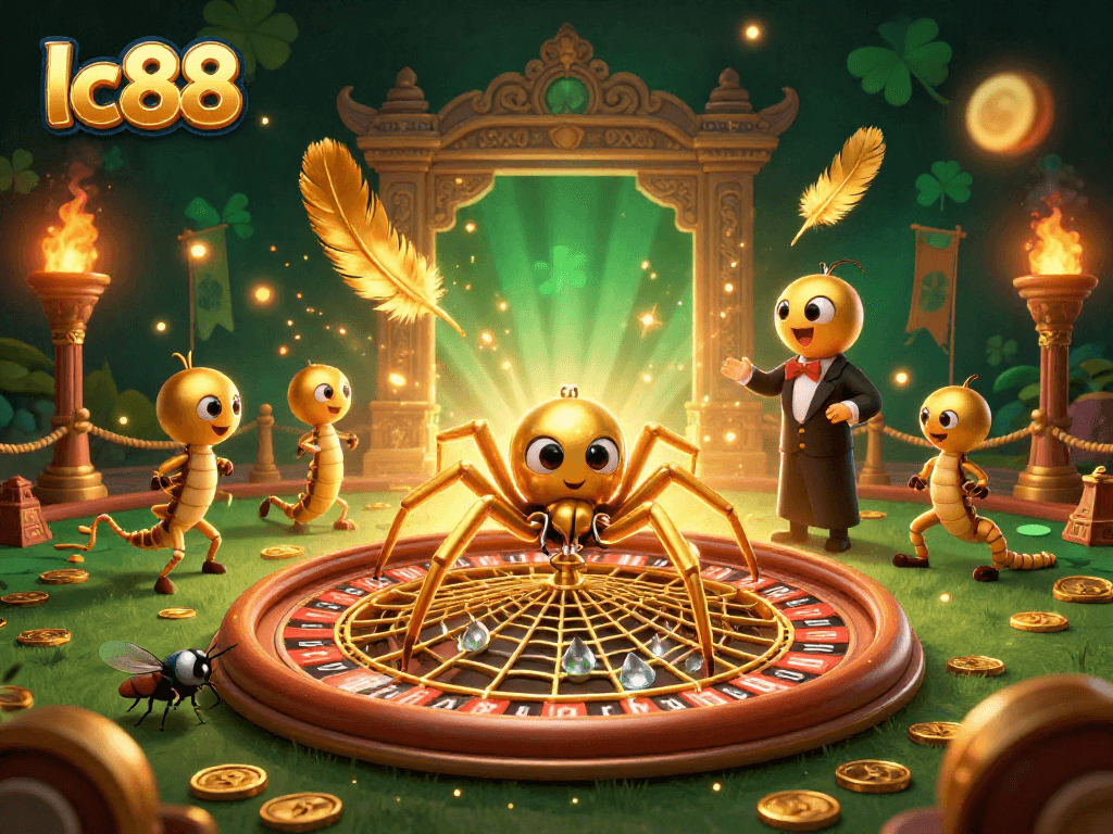 Engage with lc88's thrilling gaming experience featuring a golden spider and roulette wheel.