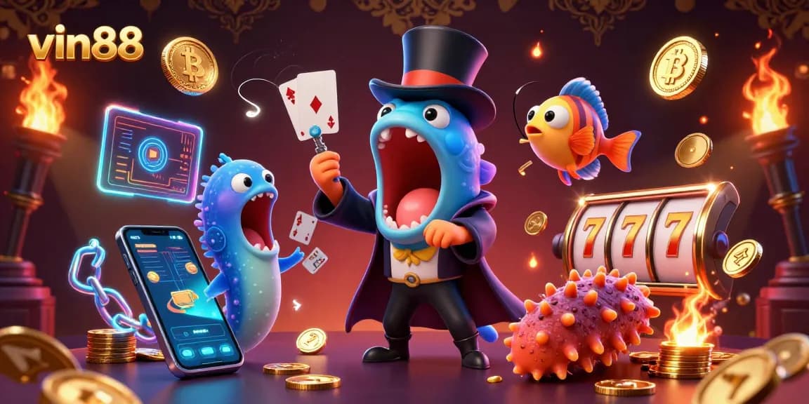 Play engaging casino games at vin88 with exciting slot reels and vibrant crypto elements.