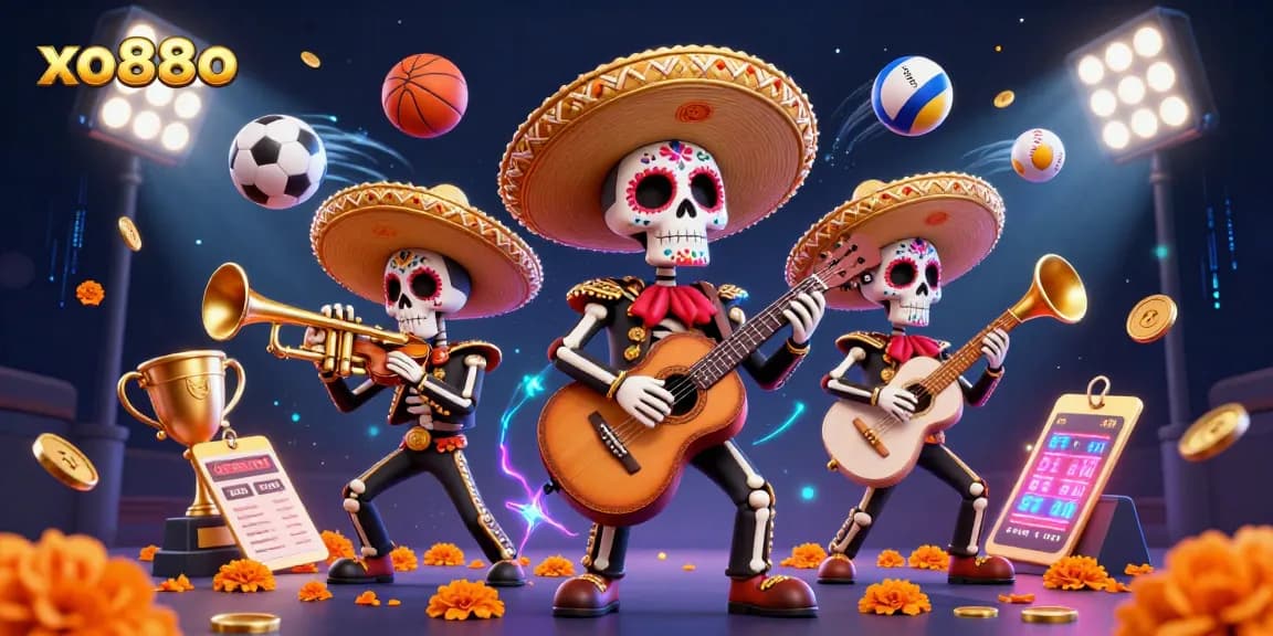 Experience the excitement of betting with xo88o in this vibrant 3D scene featuring festive characters and dynamic sports elements.