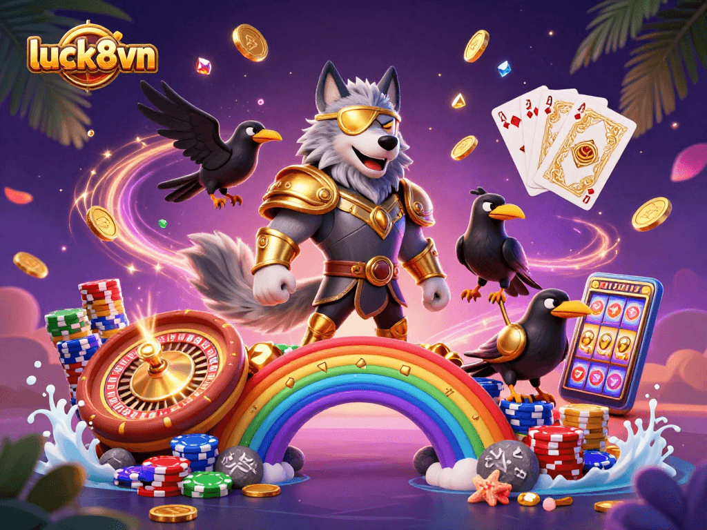 Experience the thrill of luck8vn with Odin and his ravens amid a vibrant casino world.