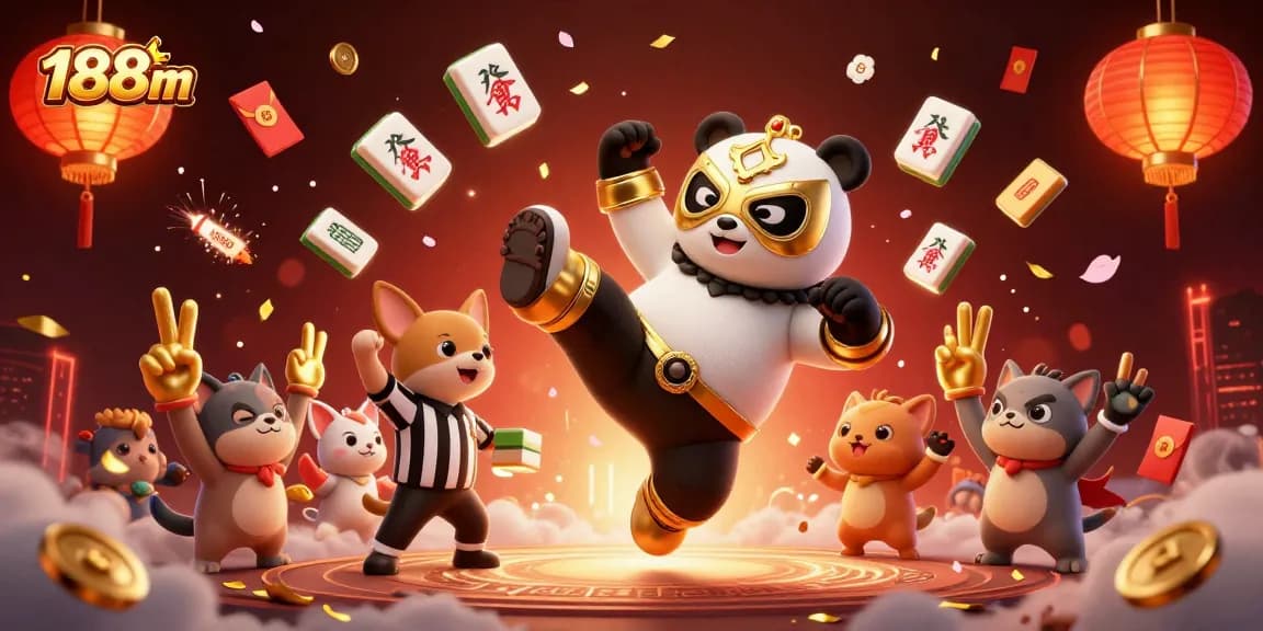 Place bets with 188m as a panda performs acrobatic tricks in a vibrant casino scene.