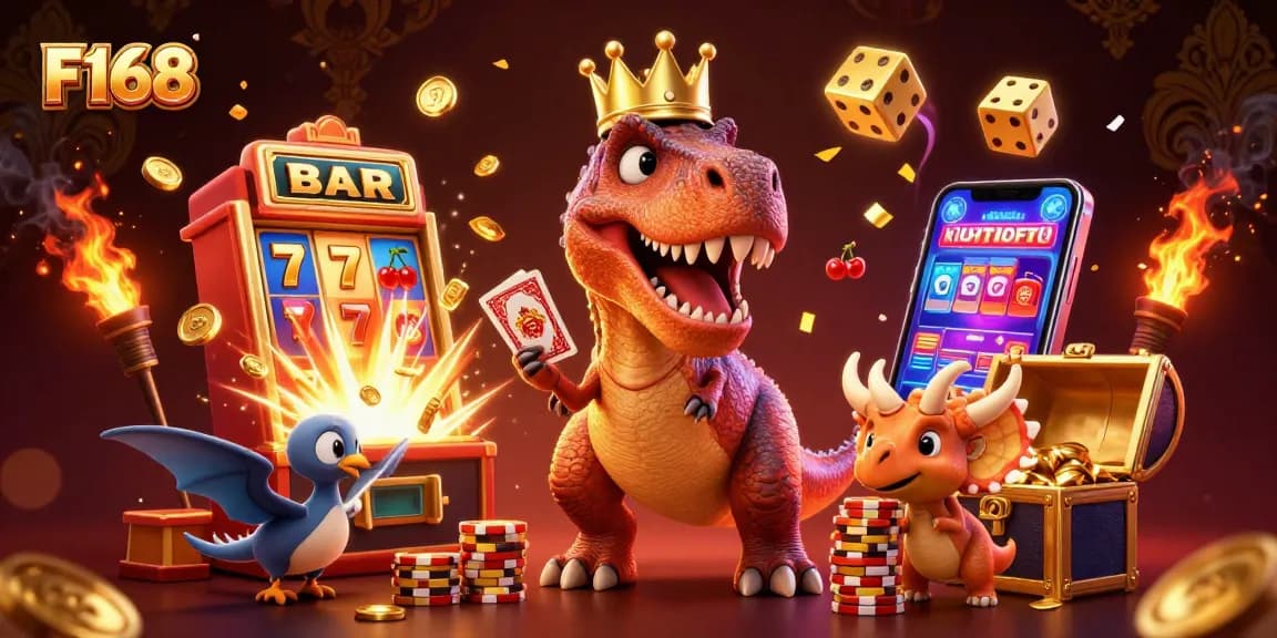 Experience thrilling gameplay at F168 with a T-Rex shuffling cards and vibrant casino elements bursting around.