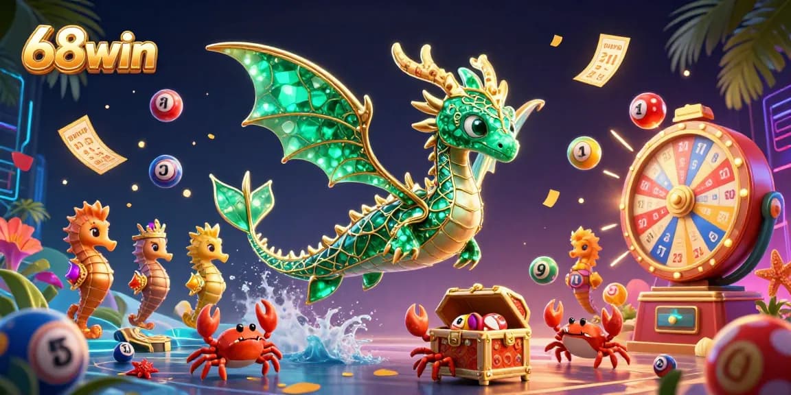 Engage in vibrant gaming at 68win with treasure-filled scenes showcasing colorful lottery elements and a lively sea dragon.
