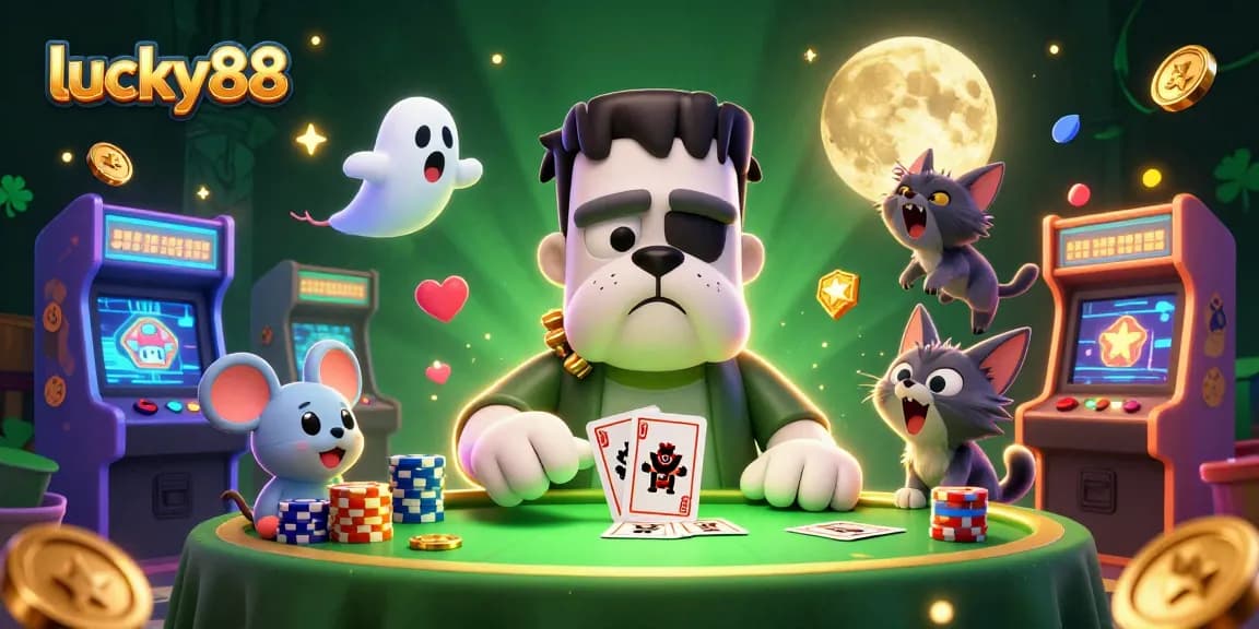 Engage with lucky88 casino magic as the Frankenstein bulldog dealer shuffles cards amidst a vibrant, dynamic gaming scene.