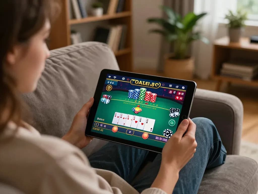 Engaged player using 789 p app on tablet for online poker strategy in cozy home