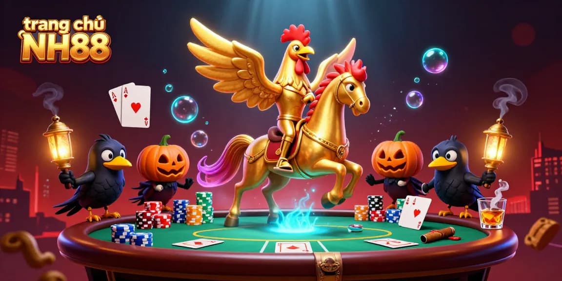 Engage with the thrilling trang chủ NH88 casino scene of a golden rooster and spectral horse, showcasing vibrant poker elements.