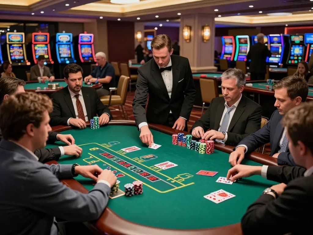 SKY88 blackjack game in upscale casino with players engaged and focused, vibrant atmosphere