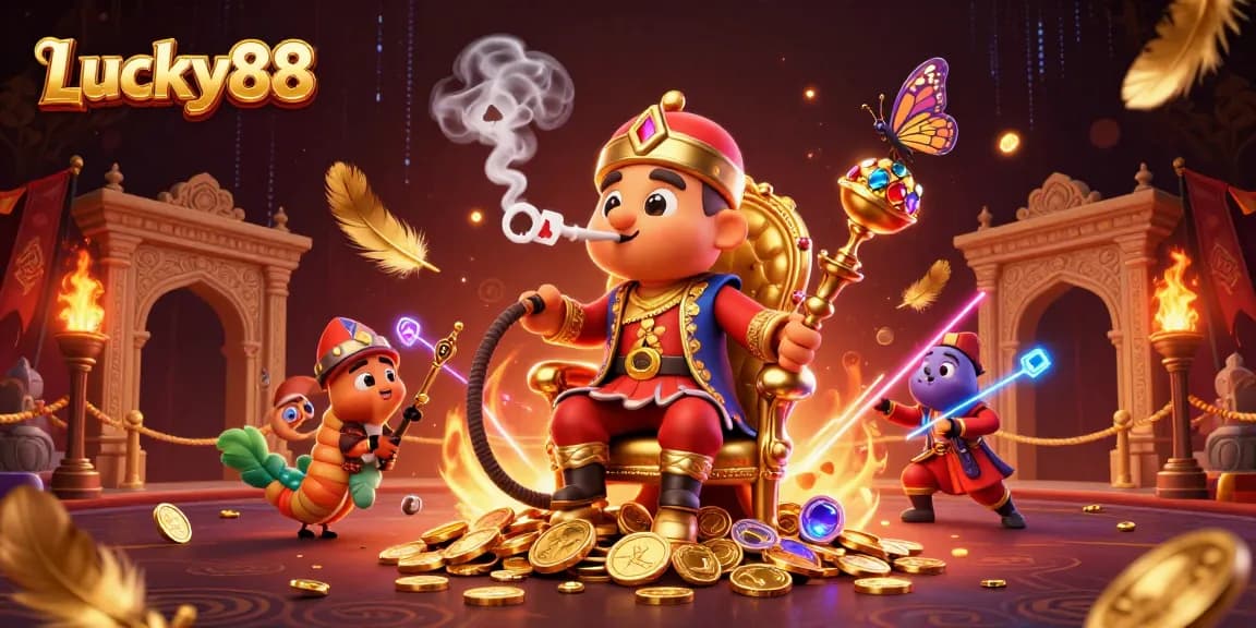 Experience the excitement of Lucky88 with a vibrant 3D illustration of a whimsical caterpillar master in an enchanting casino.