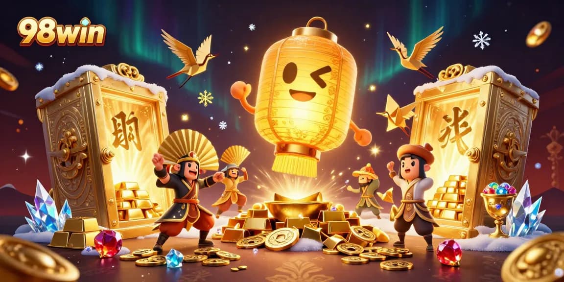 Win big with 98win at this vibrant casino, showcasing lively characters and abundant treasures.