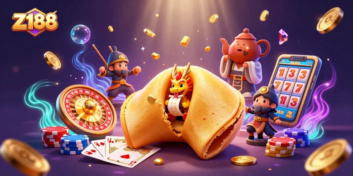 Z188 captivates players with 3D casino charm featuring a golden fortune cookie and dynamic gaming elements.