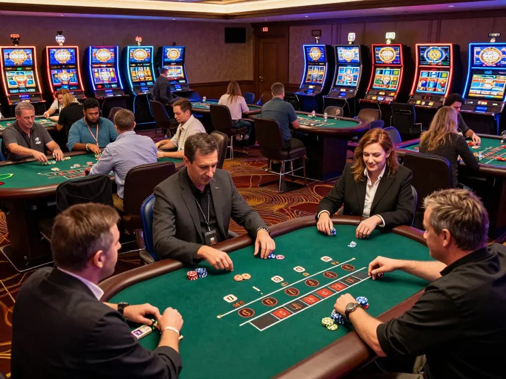 Engaged players at DA88 blackjack tables in vibrant casino atmosphere, capturing dynamic bets and dealer interactions