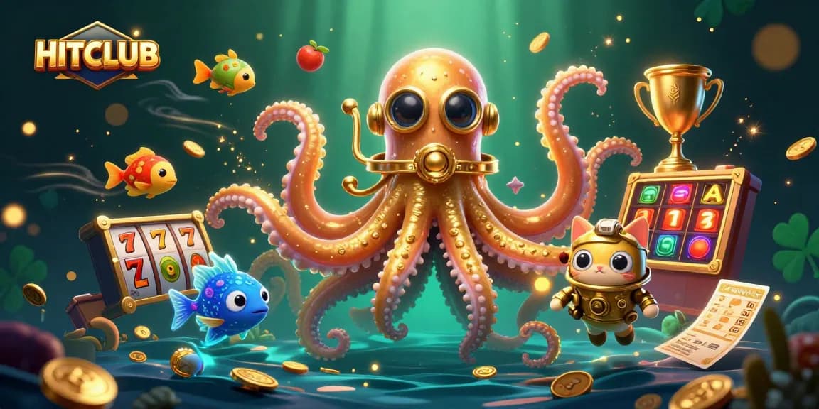 Join the HITCLUB adventure with an epic online casino illustration featuring a kraken and vibrant slots.