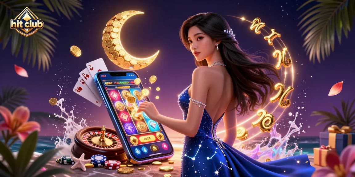 Hit club features dynamic gameplay with vibrant slot games, showcasing a stunning Asian woman's elegance.