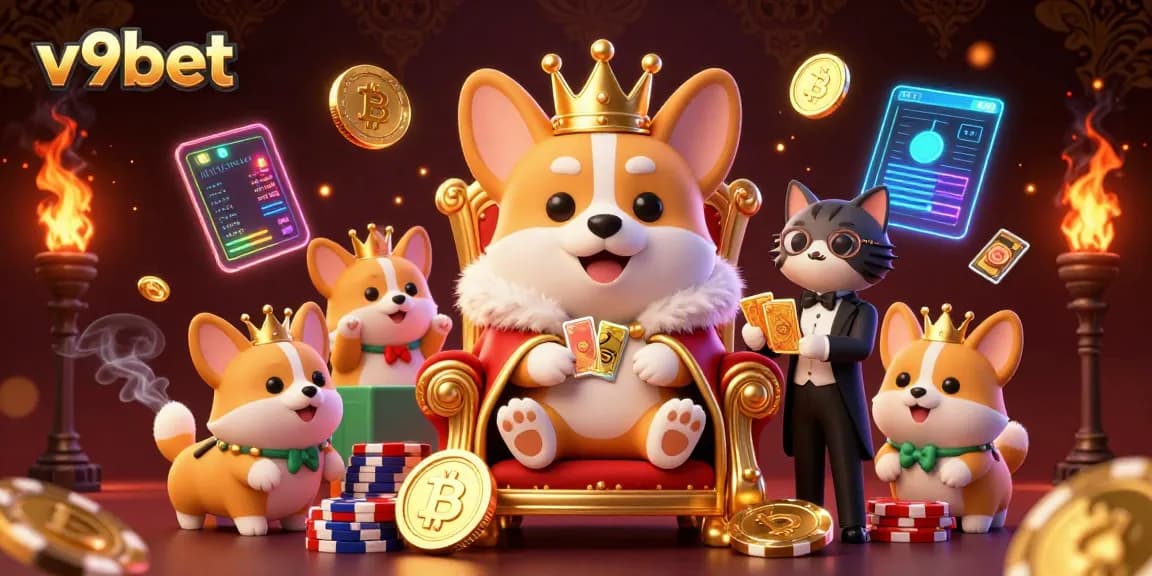Experience vibrant gameplay at v9bet with a colorful 3D illustration of casino elements and characters.