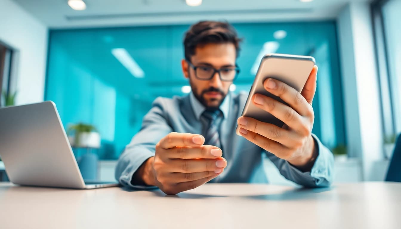 Cash Phone Buyer assessing a smartphone in a modern office.