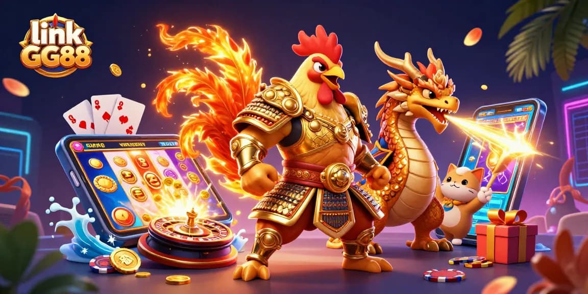 Engage in thrilling gaming with link GG88, featuring an epic rooster warrior and armored dragon in an exciting casino scene.