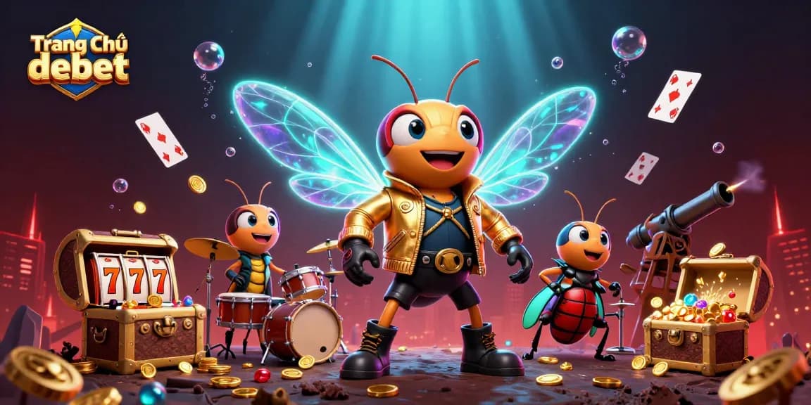 Play the thrilling games at Trang Chủ debet with a vibrant 3D illustration of a cicada rock star and casino elements.