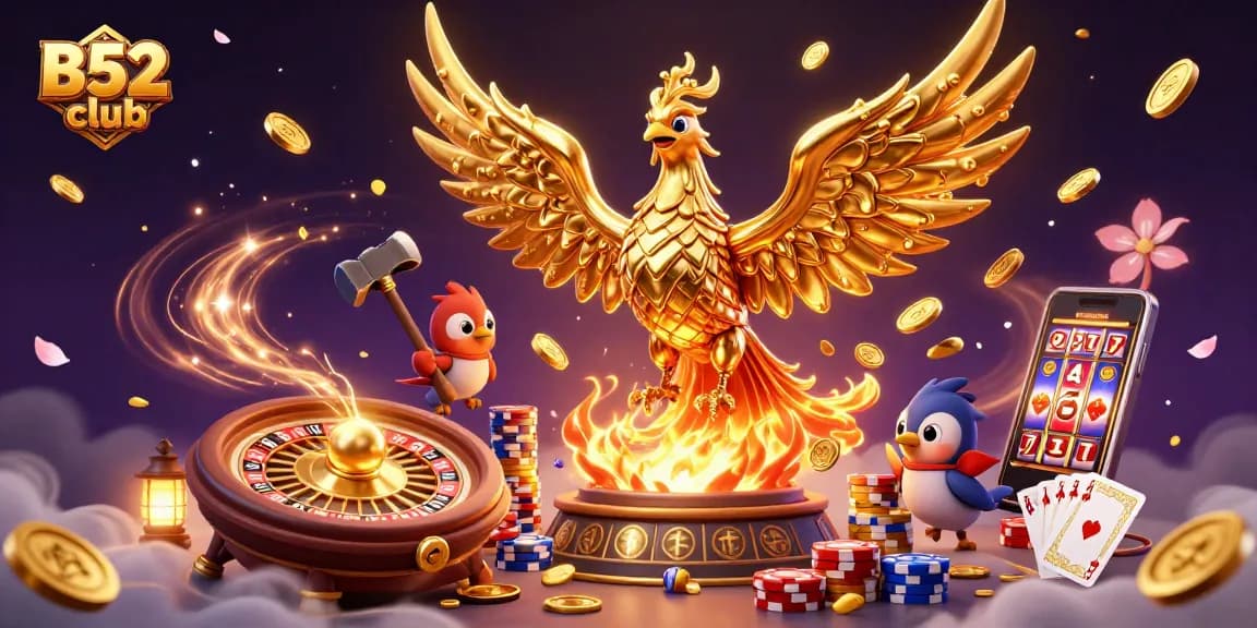 B52club invites players to experience a magical casino atmosphere filled with golden coins and vibrant games.