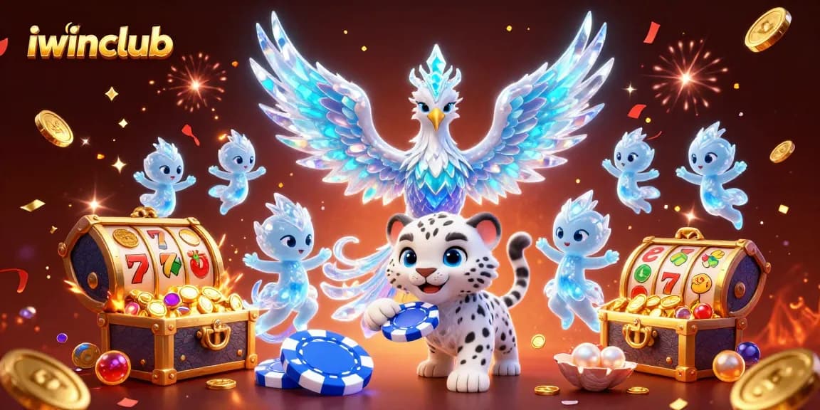 Engage with iwinclub through vibrant gaming visuals of lucky symbols and energetic characters.