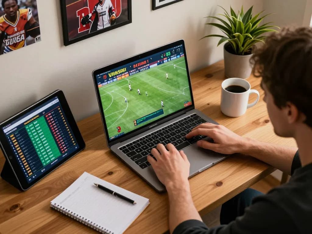 Engaged bettor analyzing live sports odds on VU88 platform in modern workspace