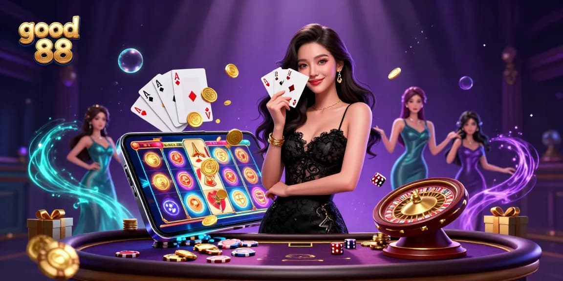 Experience the excitement of good 88 with a stunning casino scene featuring a graceful woman holding playing cards.
