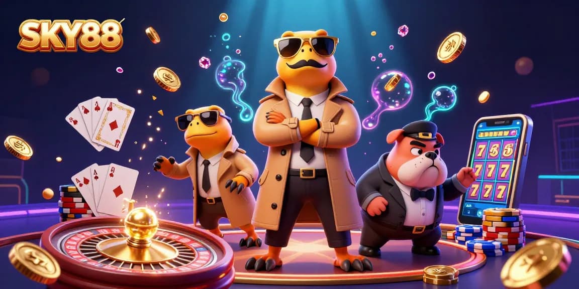 Experience thrilling gaming at SKY88 with vibrant 3D casino illustration showcasing playful raptors in a VIP setting.