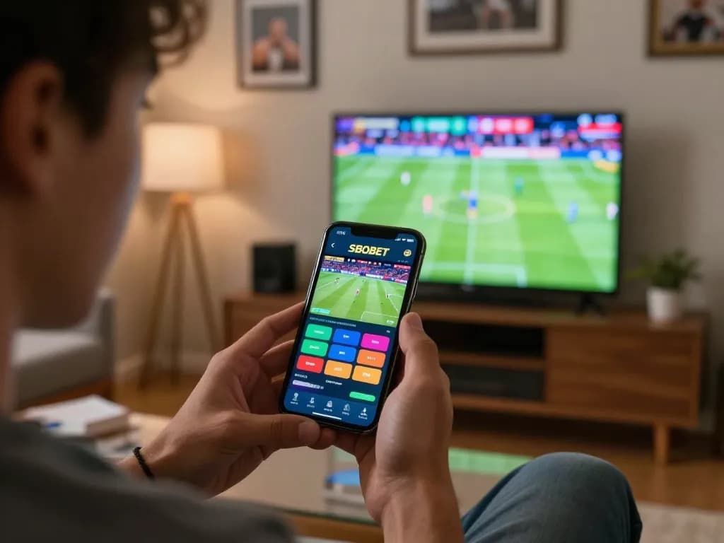 SBOBET mobile betting experience with a user engaged in live sports wagering at home