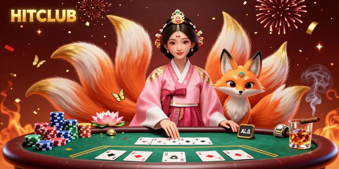 HITCLUB celebrates at a vibrant poker scene with an elegant Asian woman, lucky fox, and chips.