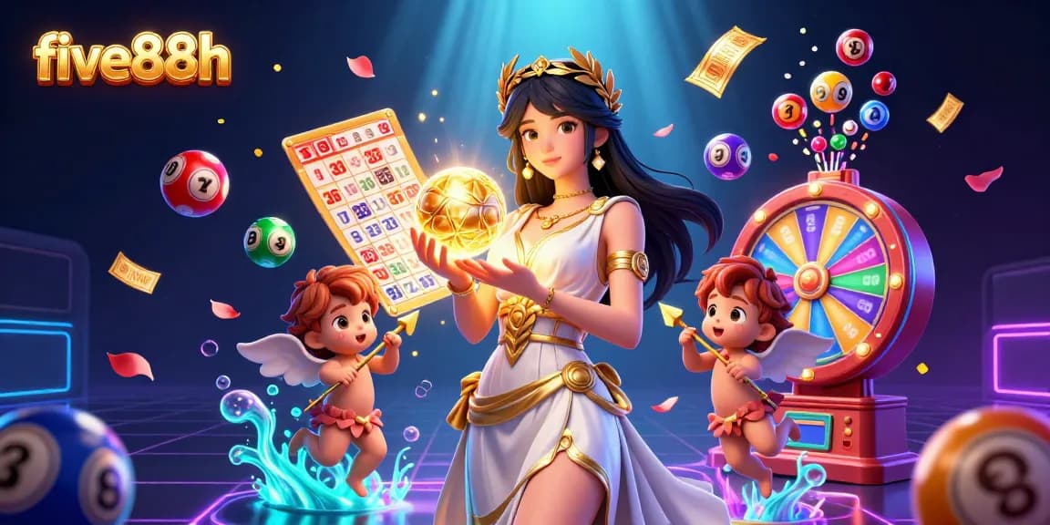 Experience the excitement of winning at five88h with a dynamic illustration showcasing lottery elements and casino charms.