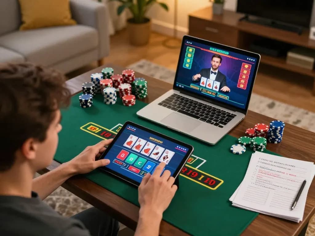 Player enjoying a live dealer blackjack game on 98win tablet at home, showcasing immersive online gambling.