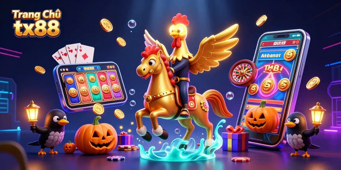 Experience the magic of Trang Chủ tx88 as golden rooster rides through a vibrant midnight casino.